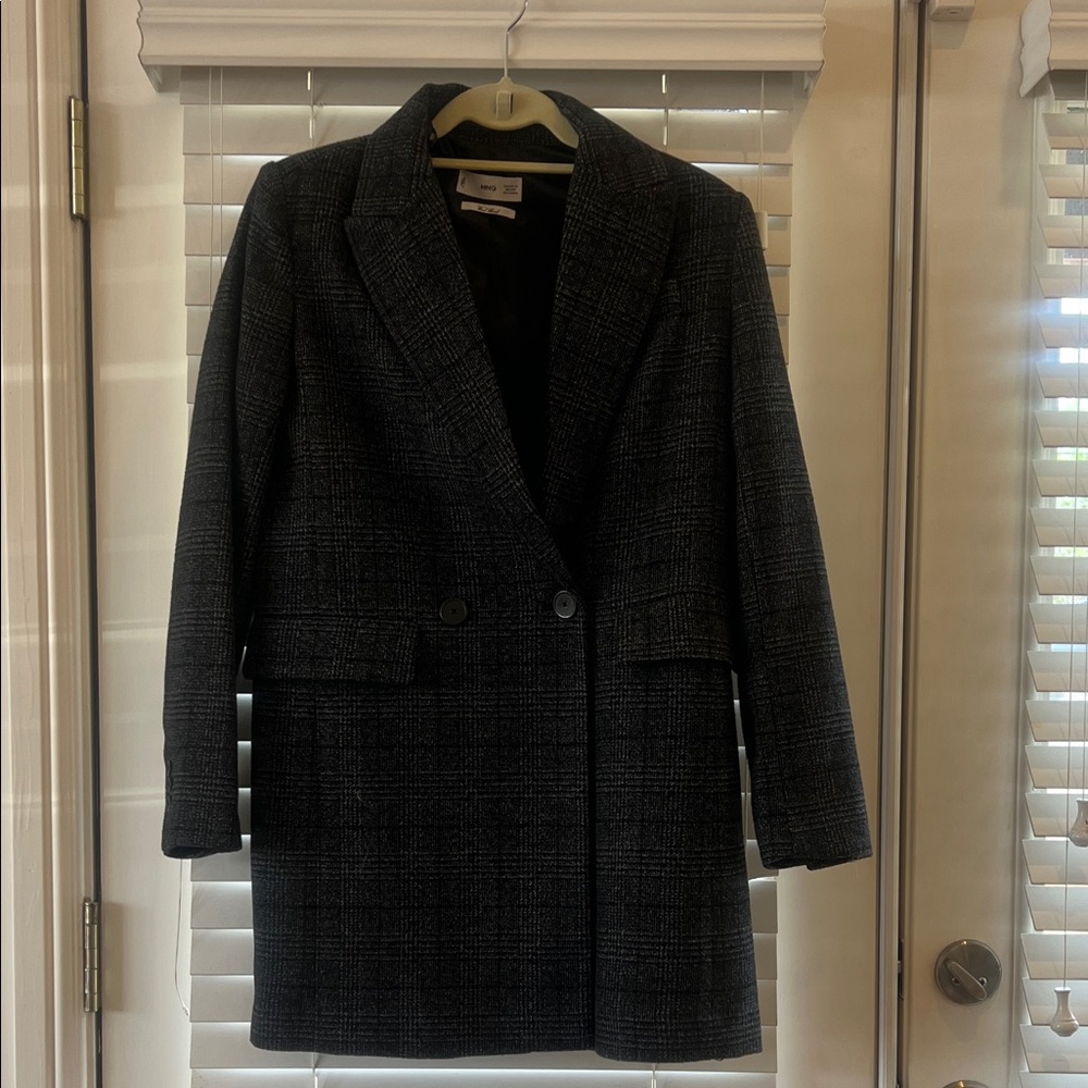 Wool-Blend Plaid Long Blazer Coat - Dark Gray